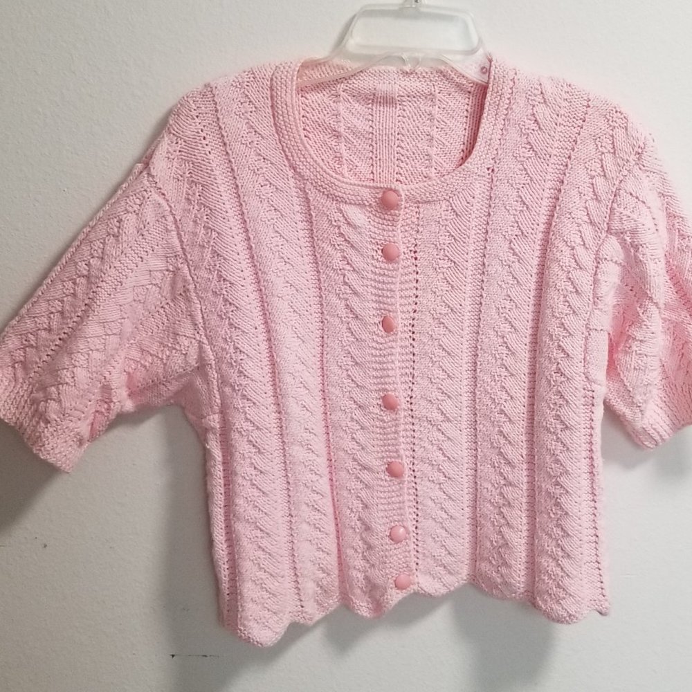 Hand Knitted Pink Button Up Short Sleeve Sweater